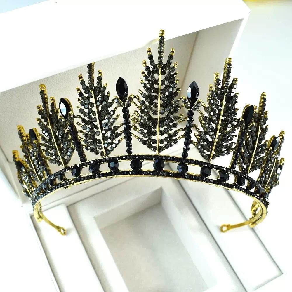 Vintage Gold and Black Leaf Crystal Tiara - Women Accessories